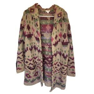 J. Jill Womens Sz Small Sweater Long Sleeve Brown Hooded Thick Colorful Winter